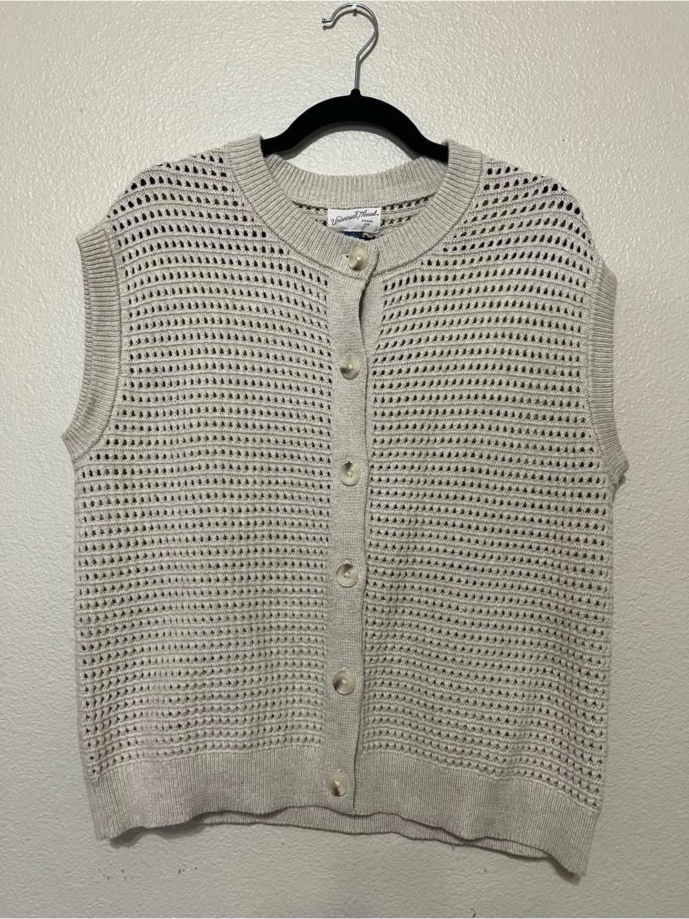 Universal Thread Cream Open-Knit Button Front Sleeveless Cardigan